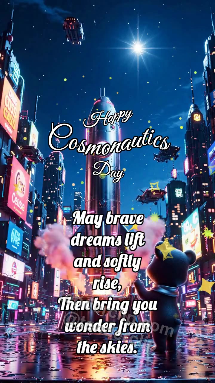 Animated greeting card about Happy Cosmonautics Day: Bear Cub By Star Rocket