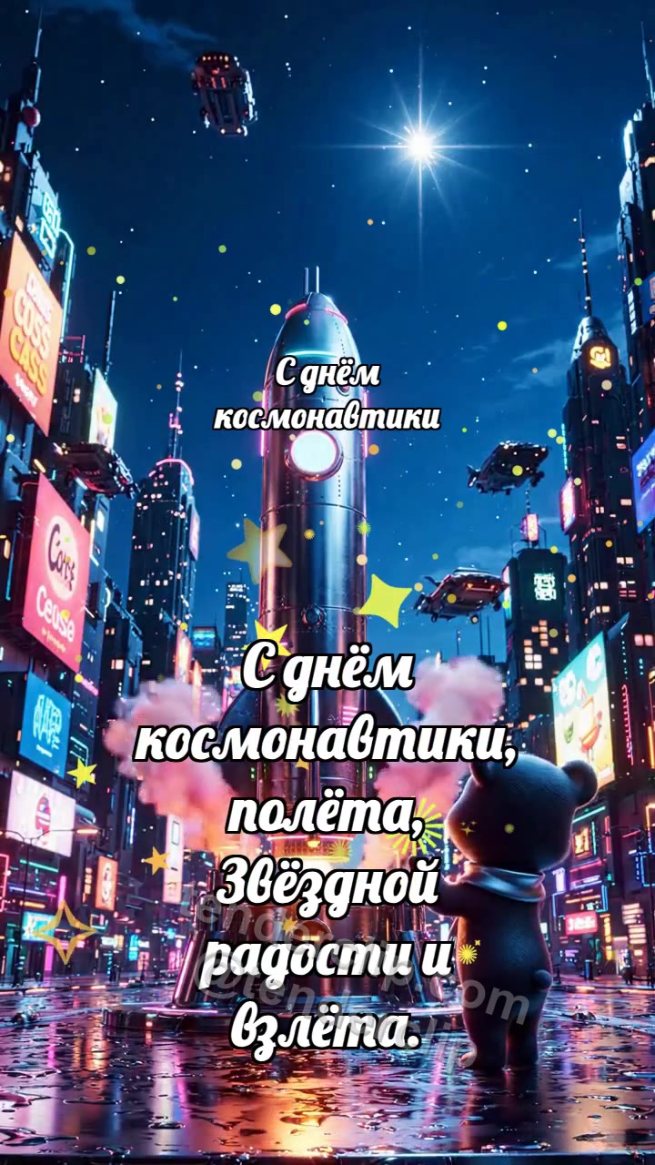 Анимационная открытка на тему С днём космонавтики: Медвежонок у звёздной ракеты