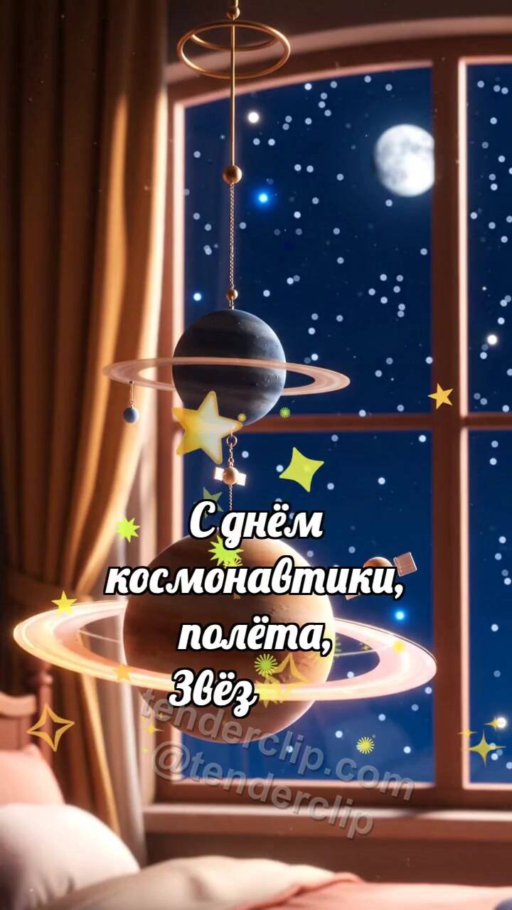 Анимационная открытка на тему С днём космонавтики: Планета качает спутник