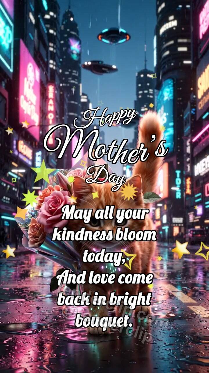 Animated greeting card about Happy Mother’s Day: Kitten Brings Mom Flowers