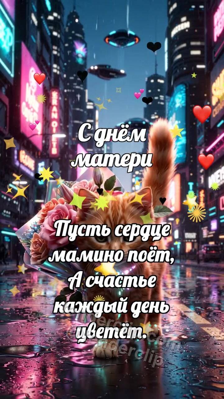 Анимационная открытка на тему С днём матери: Котёнок несёт цветы маме