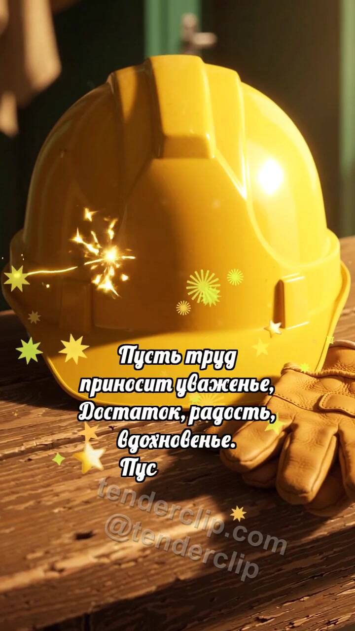 Анимационная открытка на тему С Днём труда: Каска ловит искру