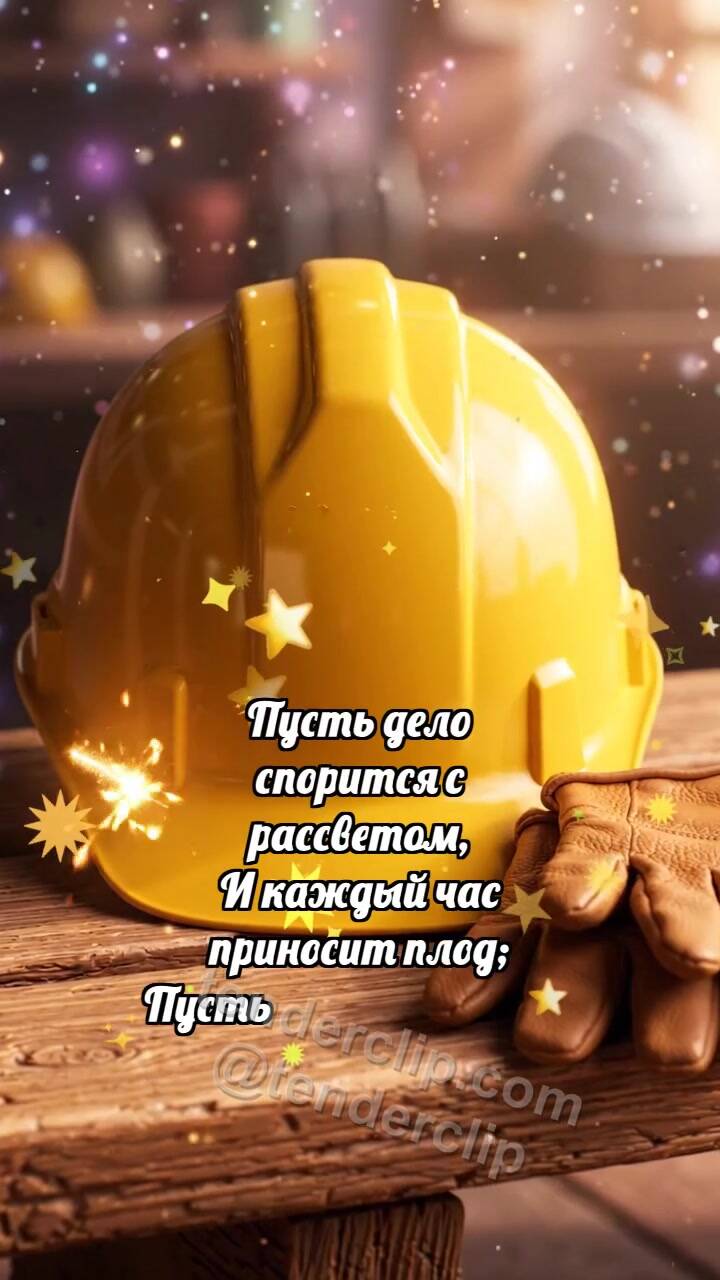 Анимационная открытка на тему С Днём труда: Каска ловит искру