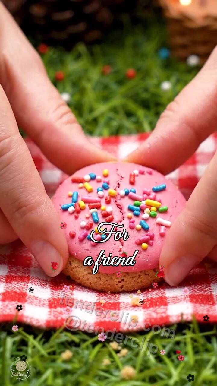 Animated greeting card about For a friend: cookie breaks into two equal halves