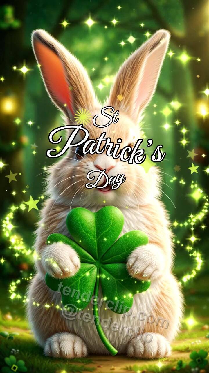Animated greeting card about St Patrick’s Day: Bunny With Lucky Clover