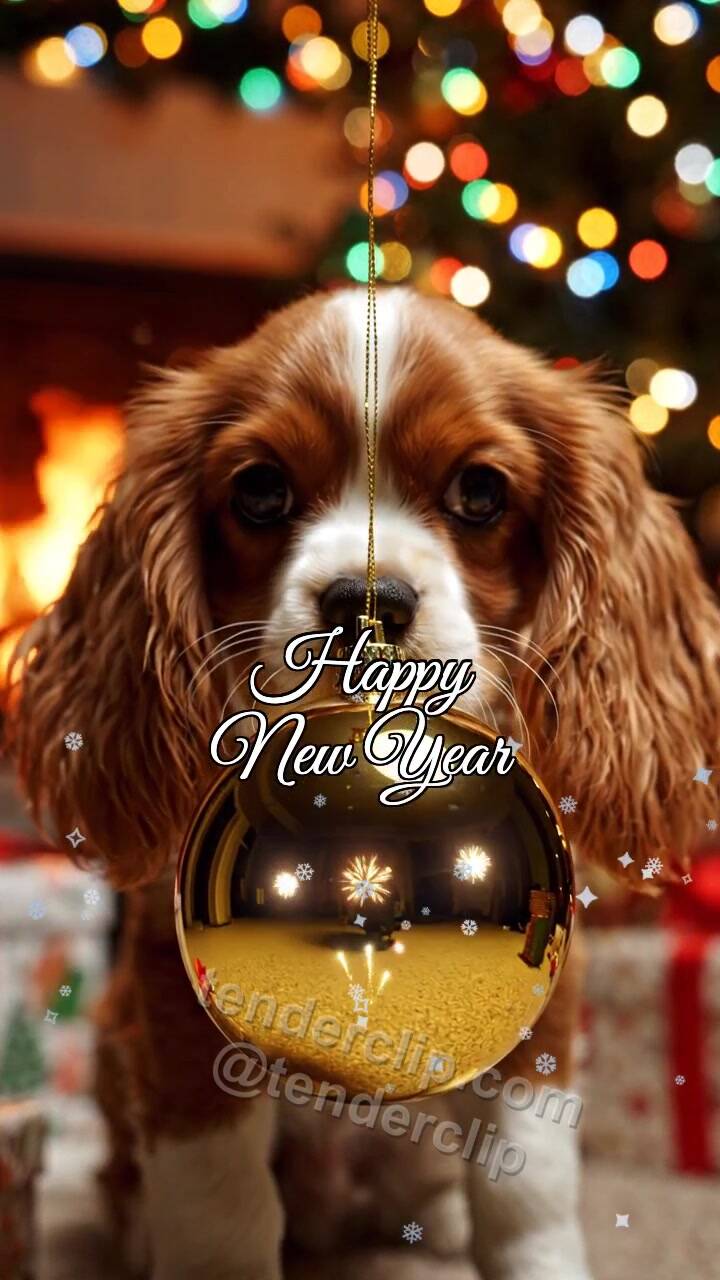Animated greeting card about Happy New Year: a joyful puppy with floppy ears watches fireworks in an ornament