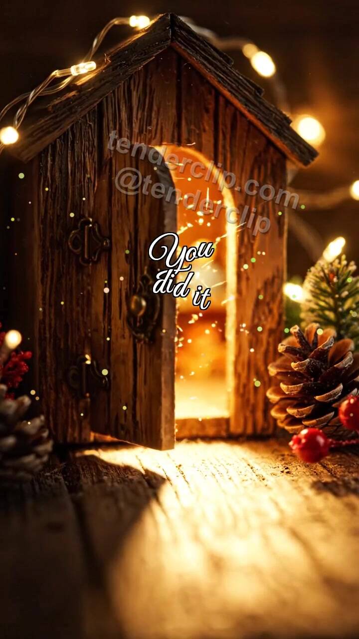 Animated greeting card about You did it: little door opens warm light