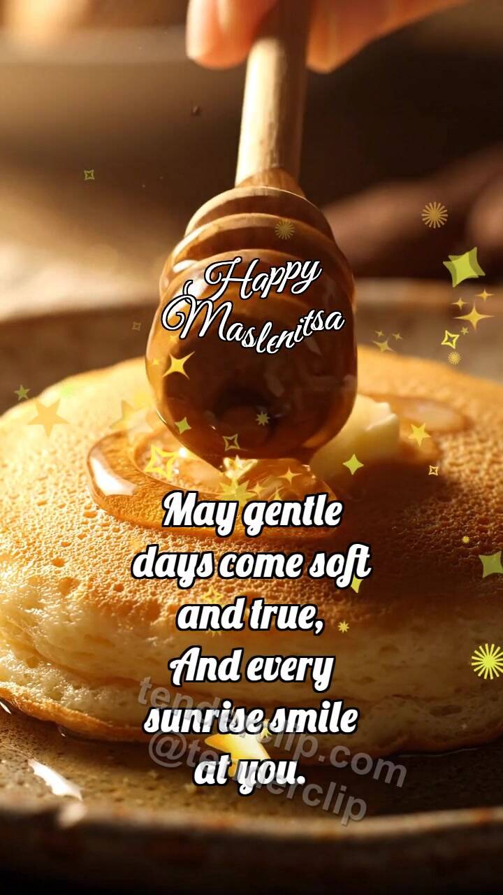 Animated greeting card about Happy Maslenitsa: Honey Spindle Glazes Blini