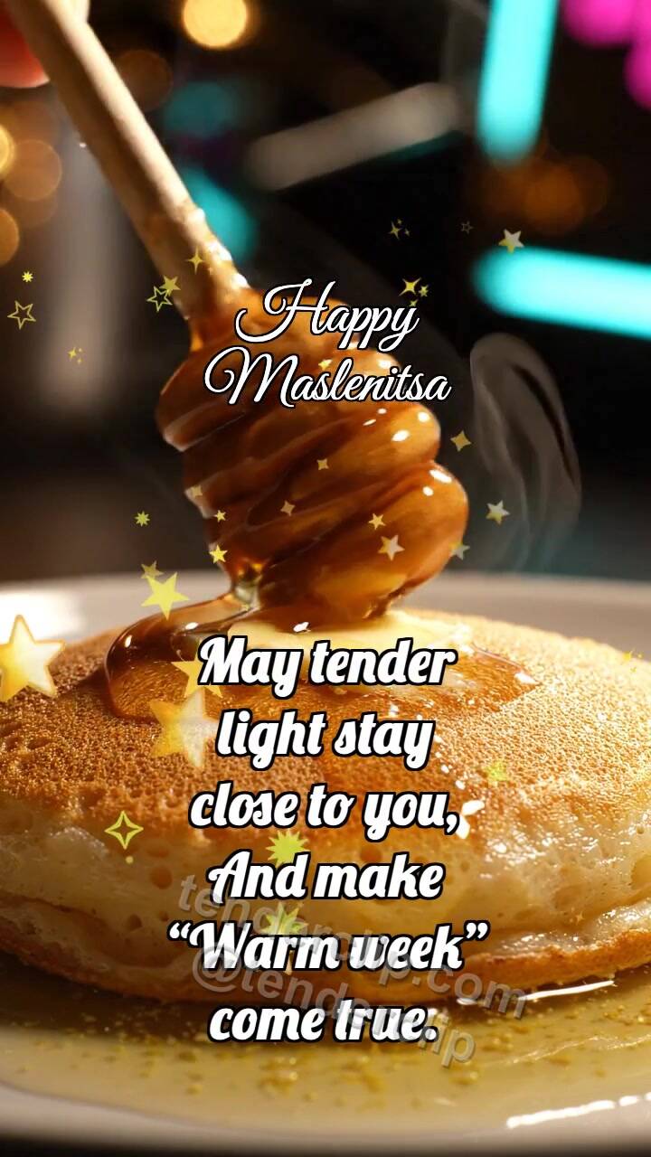 Animated greeting card about Happy Maslenitsa: Honey Spindle Glazes Blini