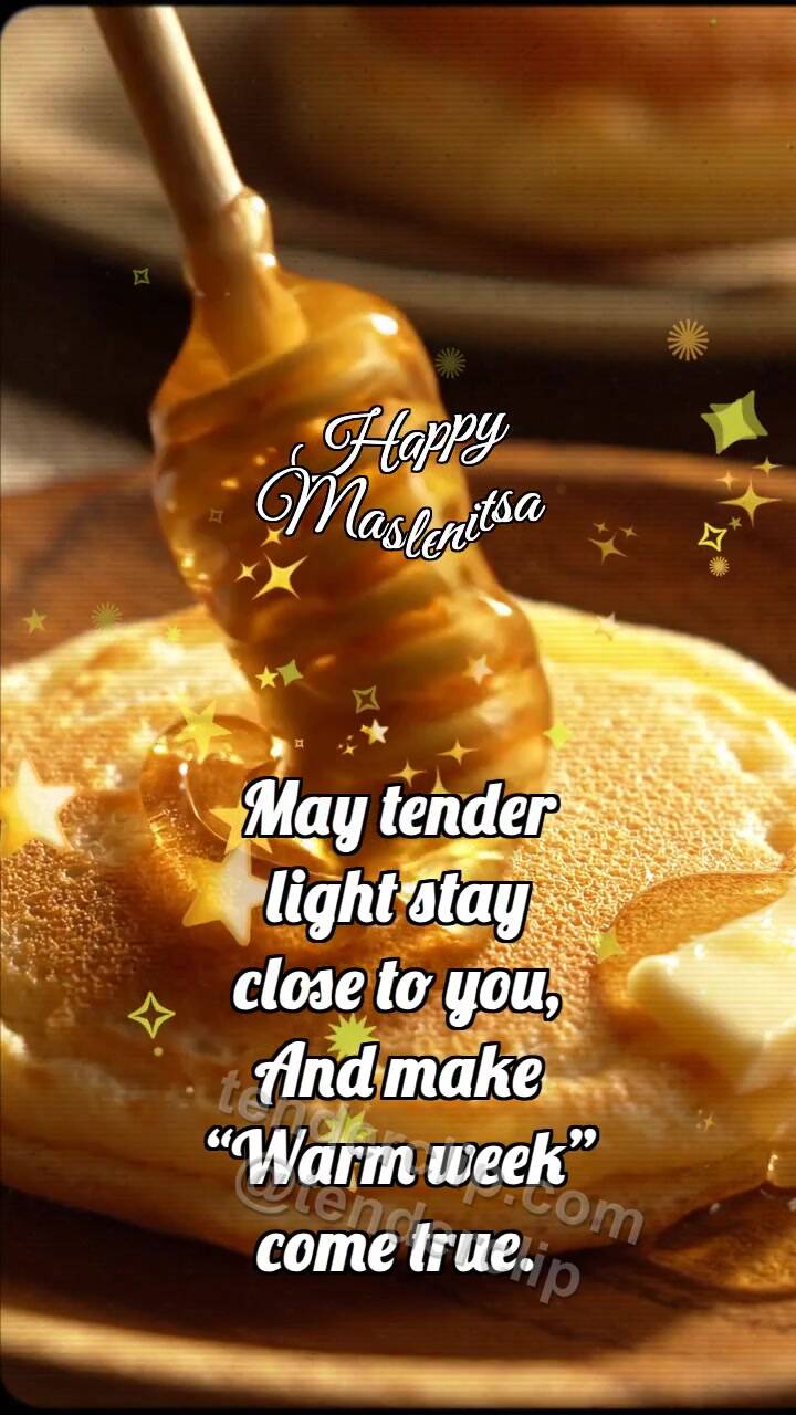Animated greeting card about Happy Maslenitsa: Honey Spindle Glazes Blini
