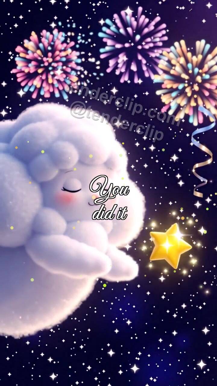 Animated greeting card about You did it: sleepy cloud carries a star