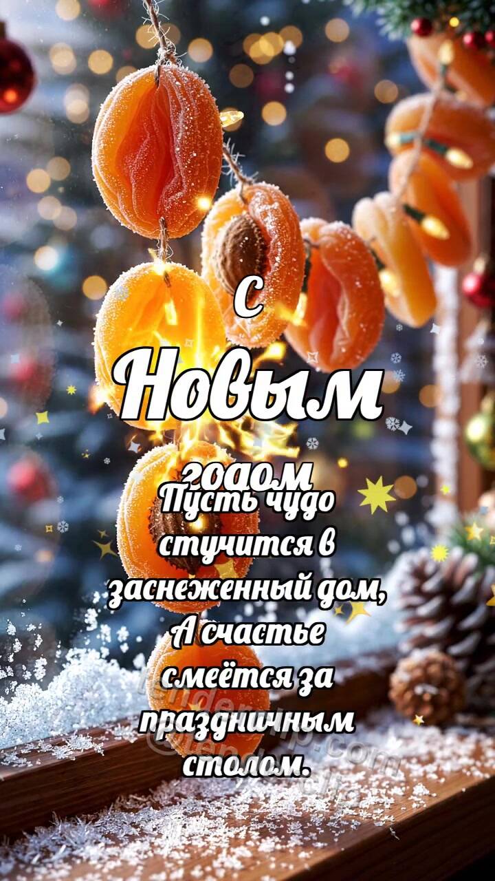 Анимационная открытка на тему С Новым годом: Абрикосовая гирлянда мигает