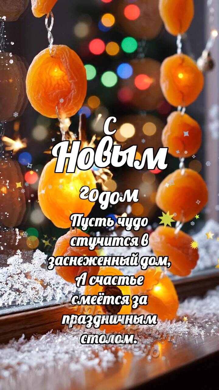 Анимационная открытка на тему С Новым годом: Абрикосовая гирлянда мигает