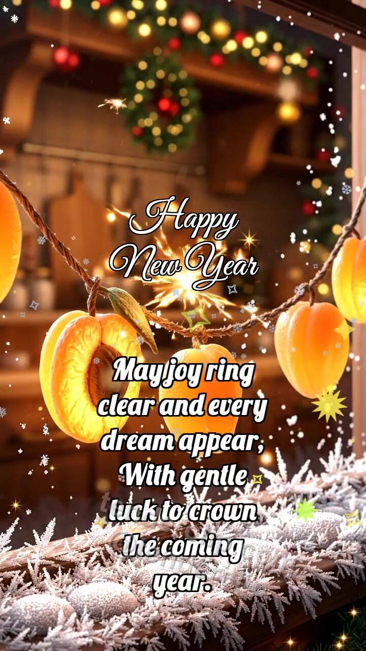 Animated greeting card about Happy New Year: Apricot Garland Twinkles