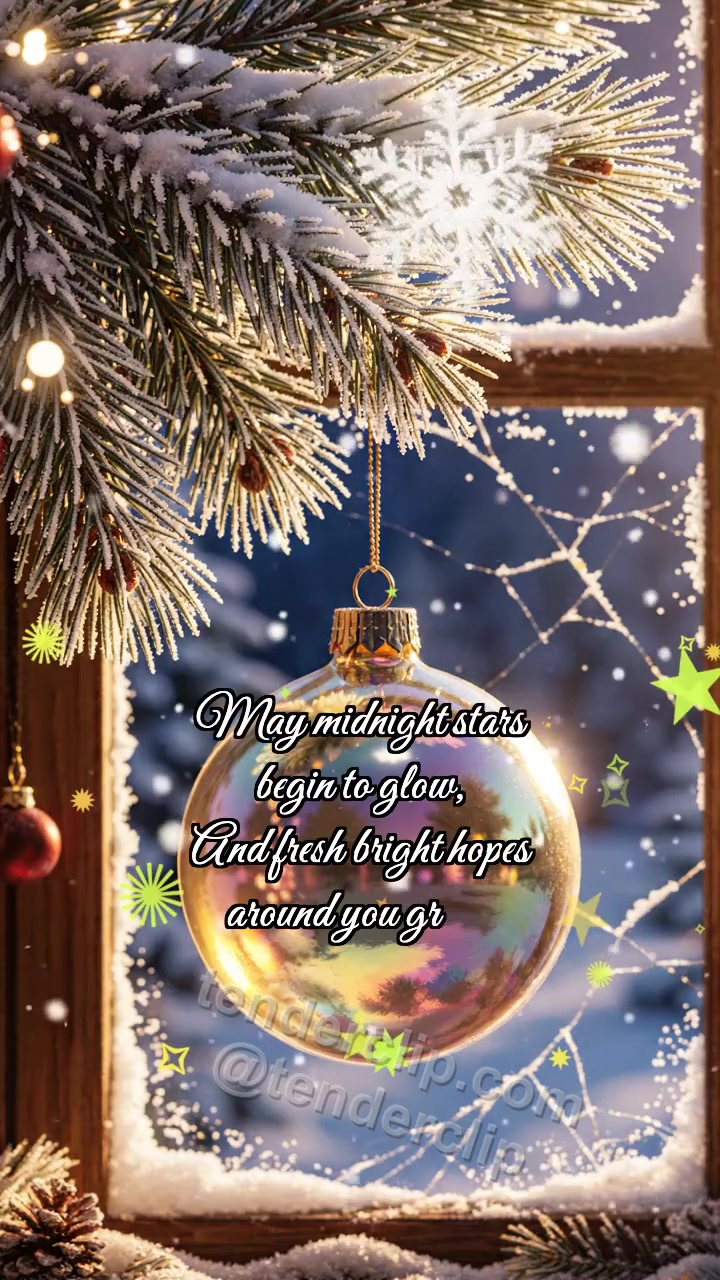 Animated greeting card about Happy New Year: Ornament Catches Snowflake