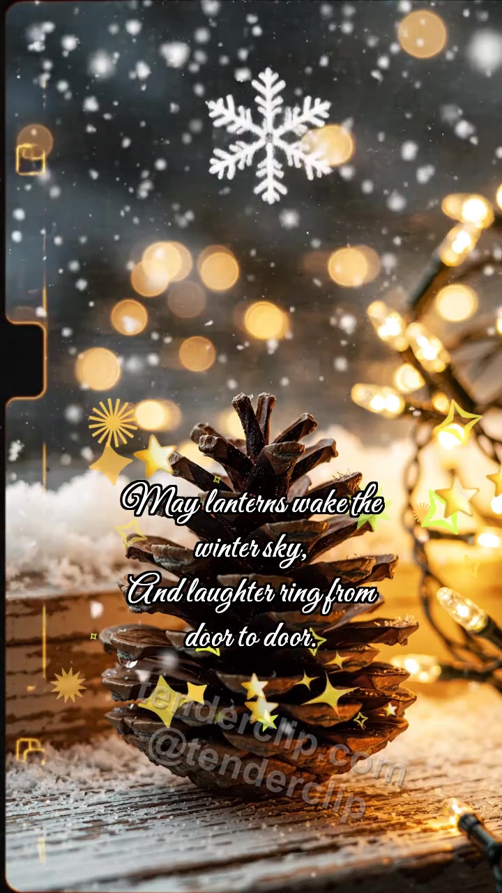 Animated greeting card about Happy New Year: Pinecone Warms Snowflake