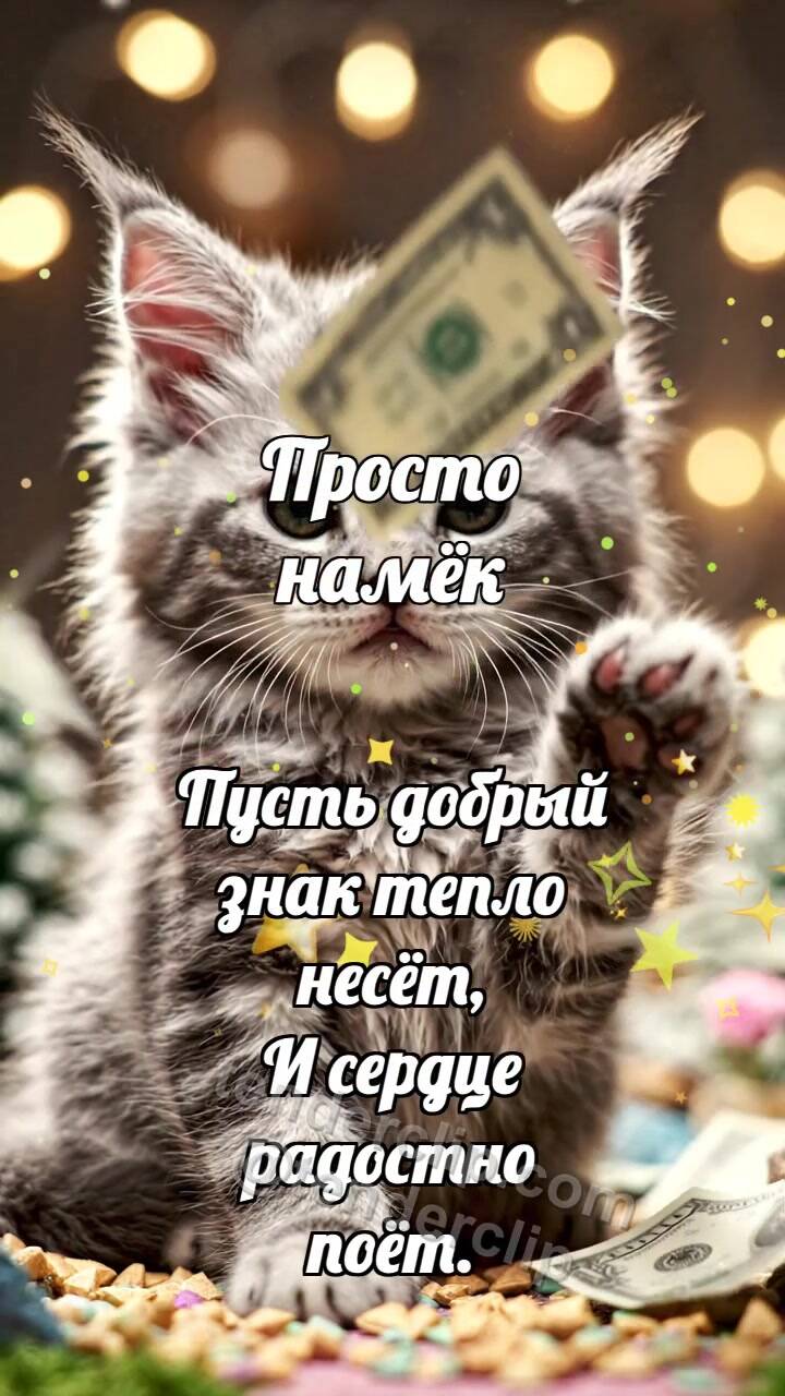 Анимационная открытка на тему Просто намёк: Котёнок под дождём денег