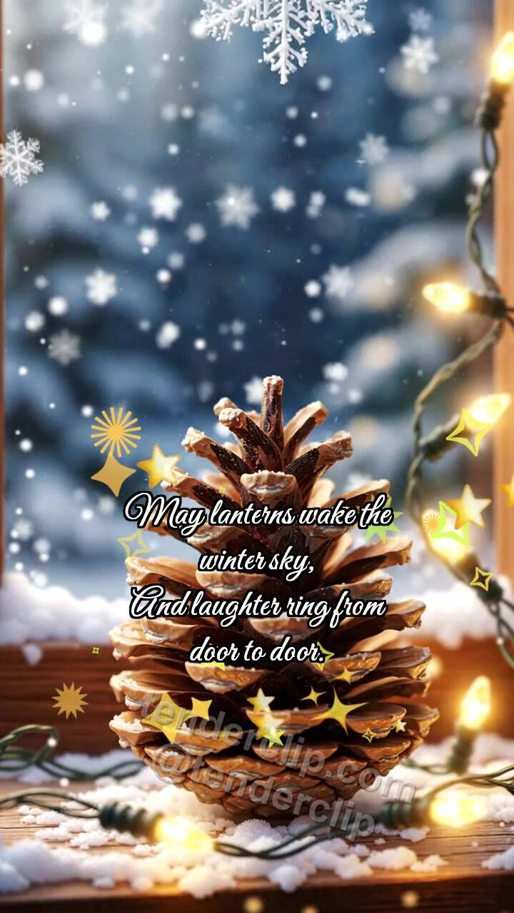 Animated greeting card about Happy New Year: Pinecone Warms Snowflake