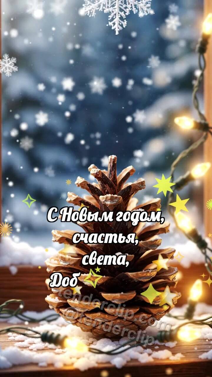 Анимационная открытка на тему С Новым годом: Шишка греет снежинку