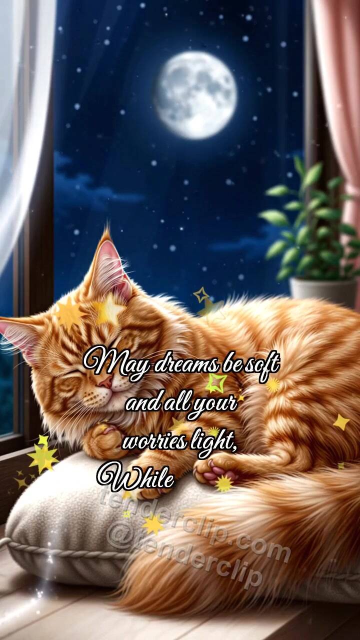 Animated greeting card about Good night: Moon Tucks Cat