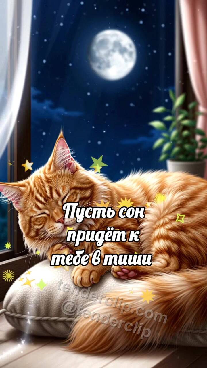 Анимационная открытка на тему Спокойной ночи: Луна укрывает кота