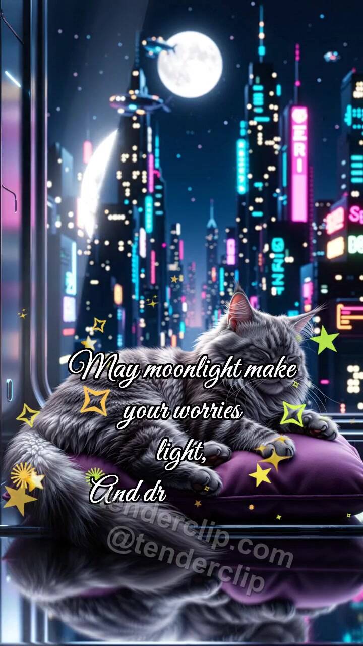 Animated greeting card about Good night: Moon Tucks Cat