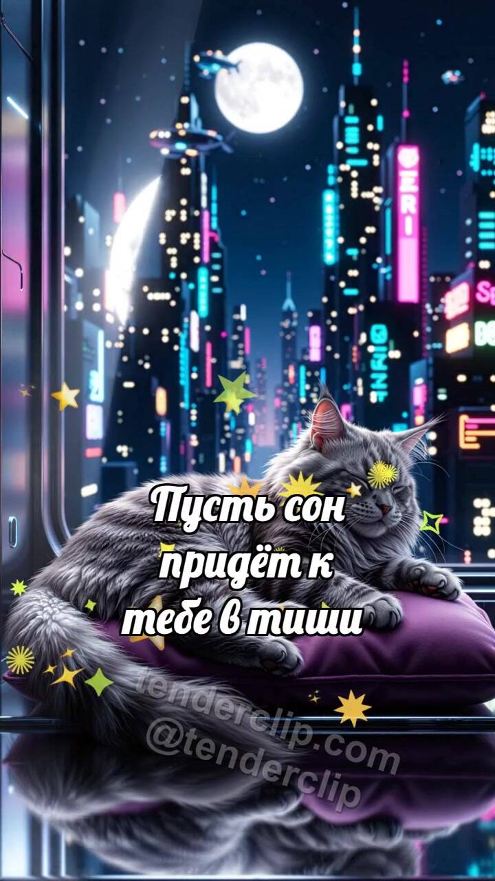 Анимационная открытка на тему Спокойной ночи: Луна укрывает кота