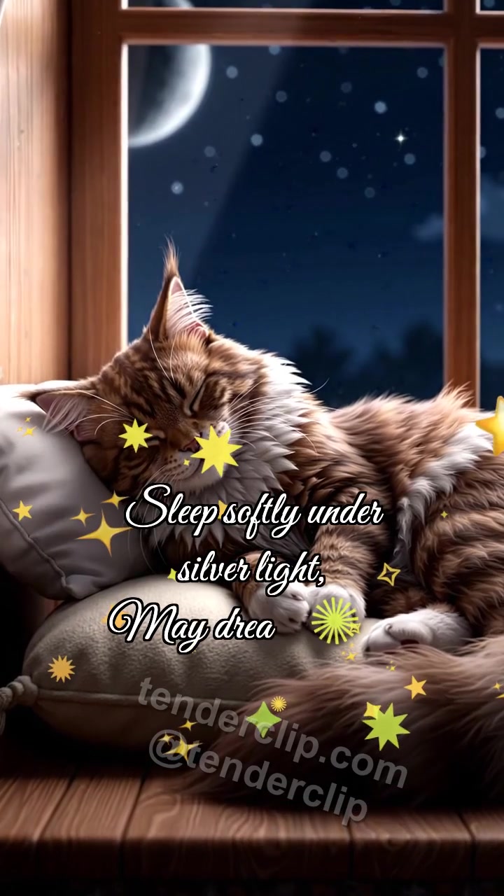 Animated greeting card about Good night: Moon Tucks Cat
