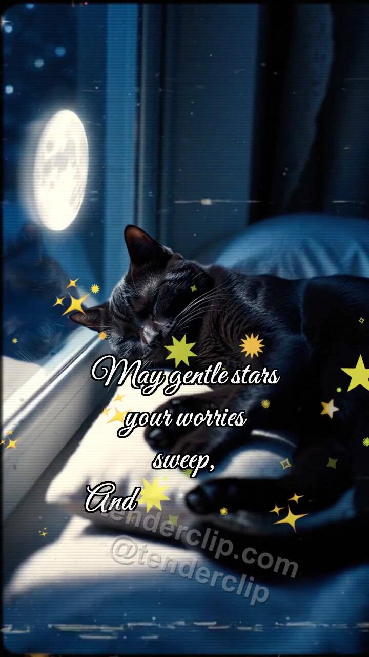Animated greeting card about Good night: Moon Tucks Cat
