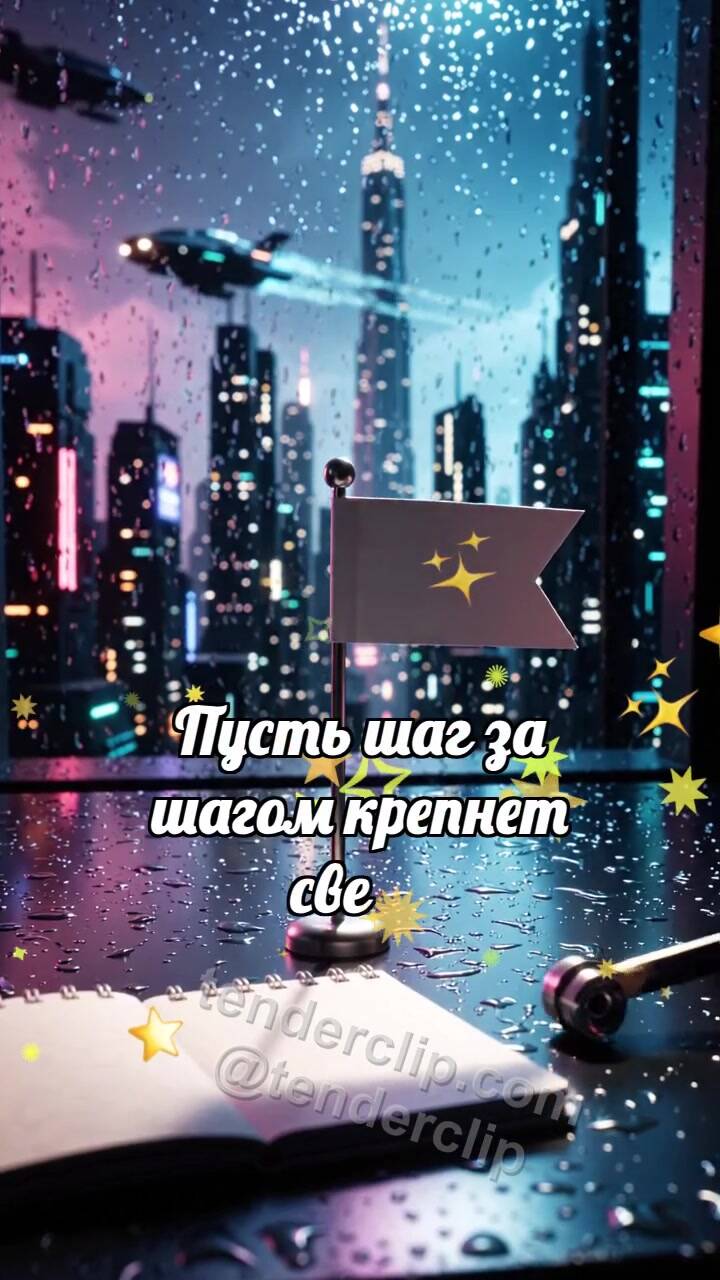 Анимационная открытка на тему Держись и улыбнись: Карандаш поднимает флажок
