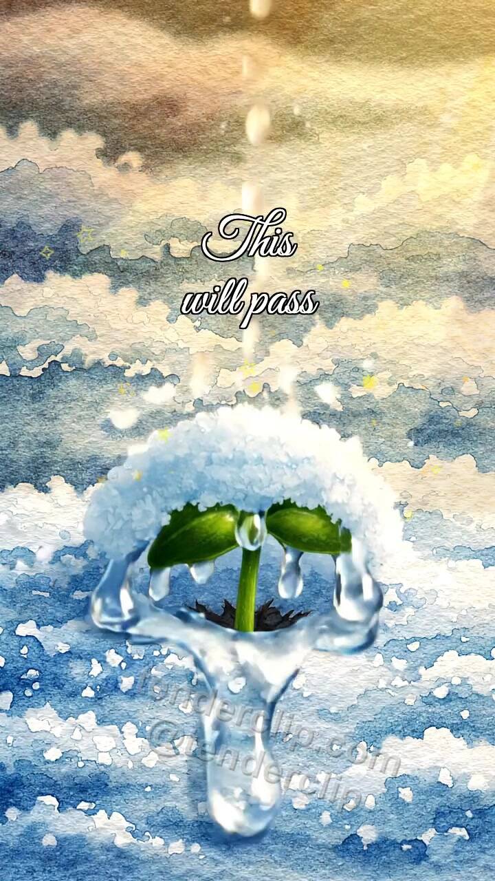 Animated greeting card about This will pass: snow melts around a tiny green sprout until it stands upright again