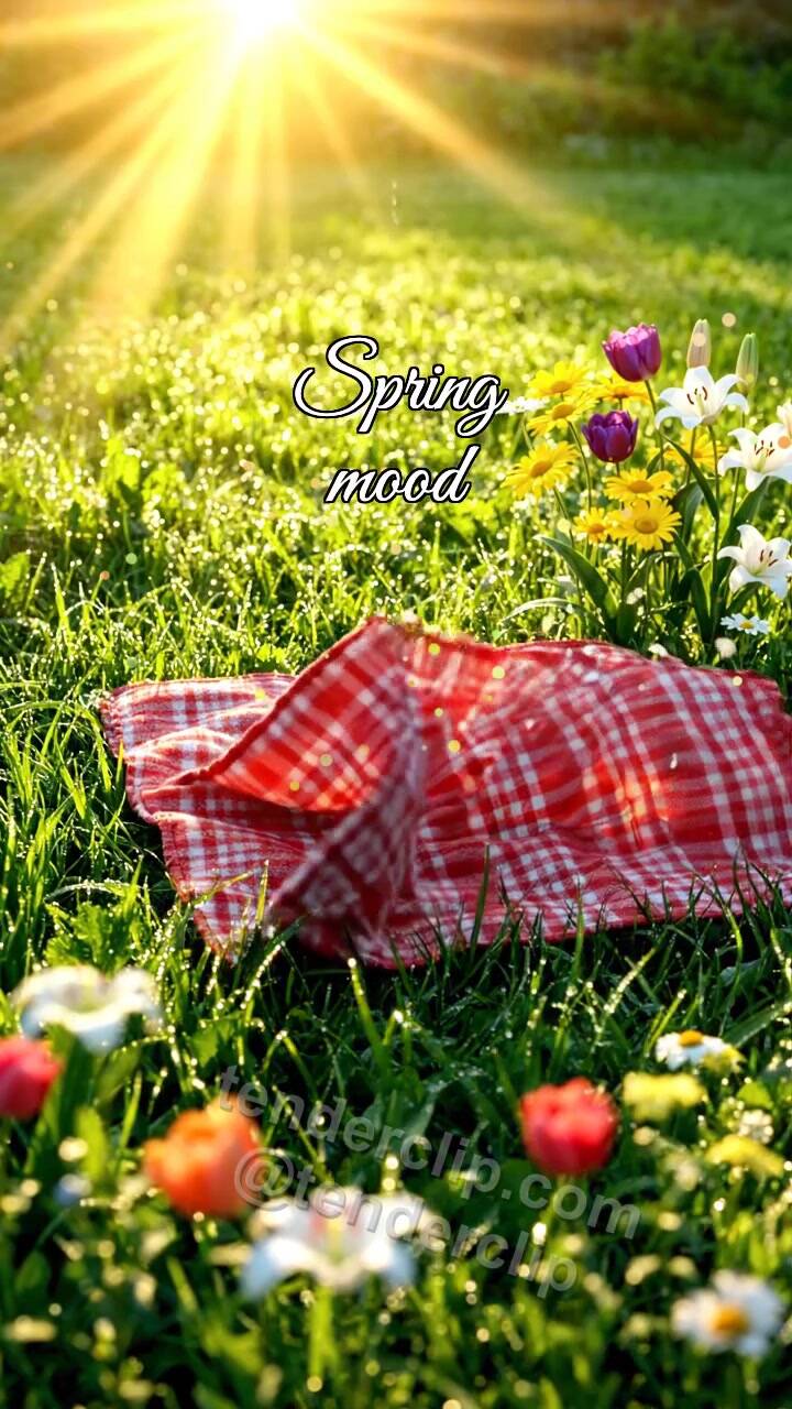 Animated greeting card about Spring mood: a sunbeam wakes a spring picnic