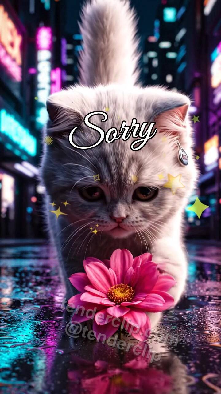 Animated greeting card about Sorry: Kitten Brings Flower
