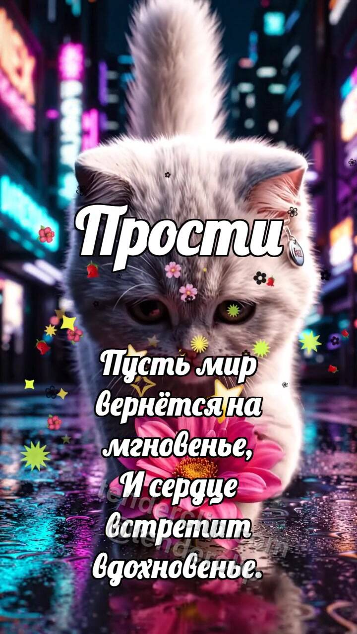 Анимационная открытка на тему Прости: Котёнок приносит цветок