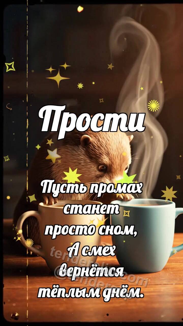 Анимационная открытка на тему Прости: Выдра двигает чашки ближе