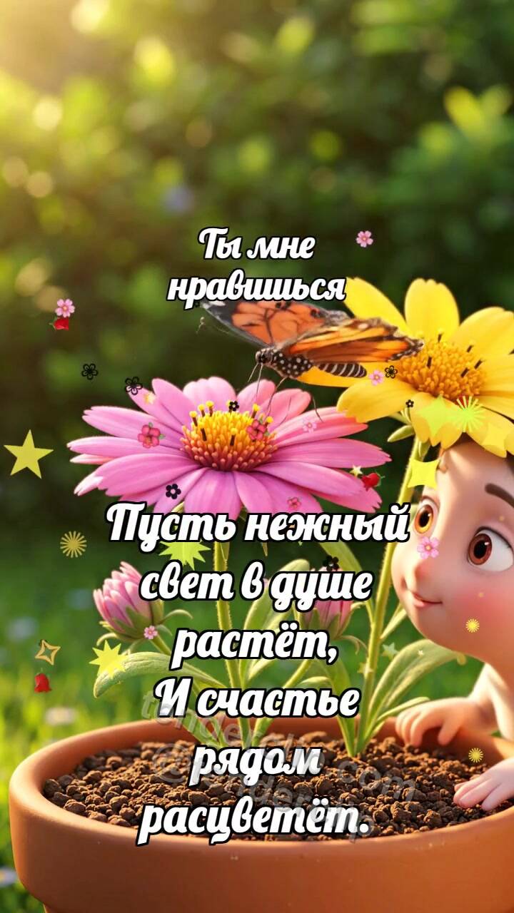 Анимационная открытка на тему Ты мне нравишься: Бабочка садится рядом