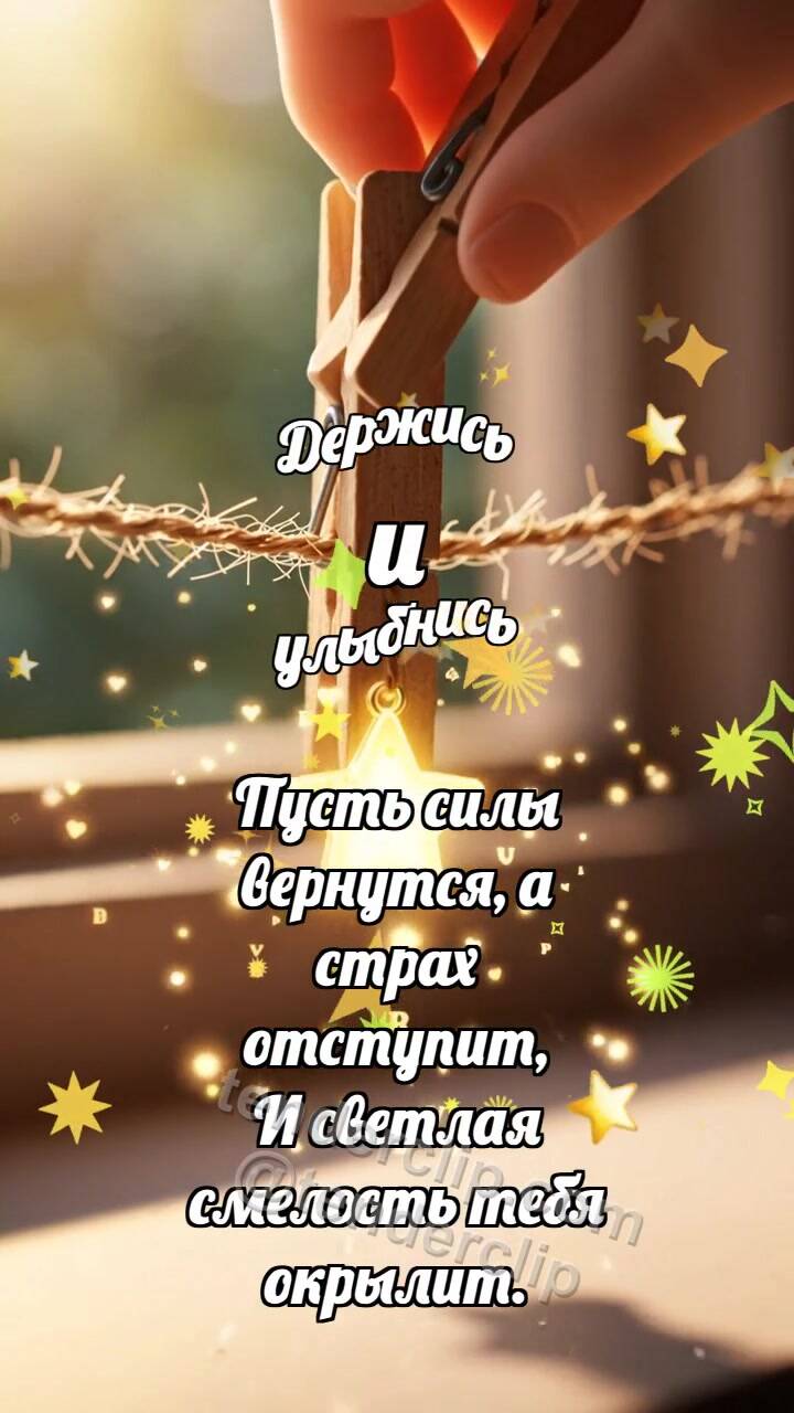 Анимационная открытка на тему Держись и улыбнись: Прищепка держит звезду