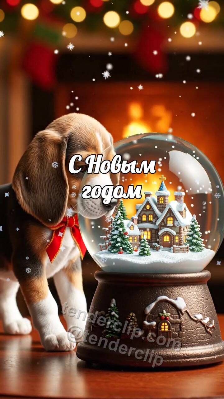 Анимационная открытка на тему С Новым годом: радостный щенок оживляет снежный шар