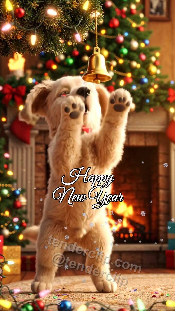 Animated greeting card about Happy New Year: a joyful puppy with floppy ears rings a festive bell