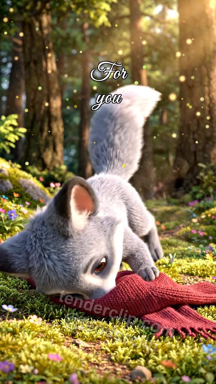 Animated greeting card about For you: fox cub carries a scarf