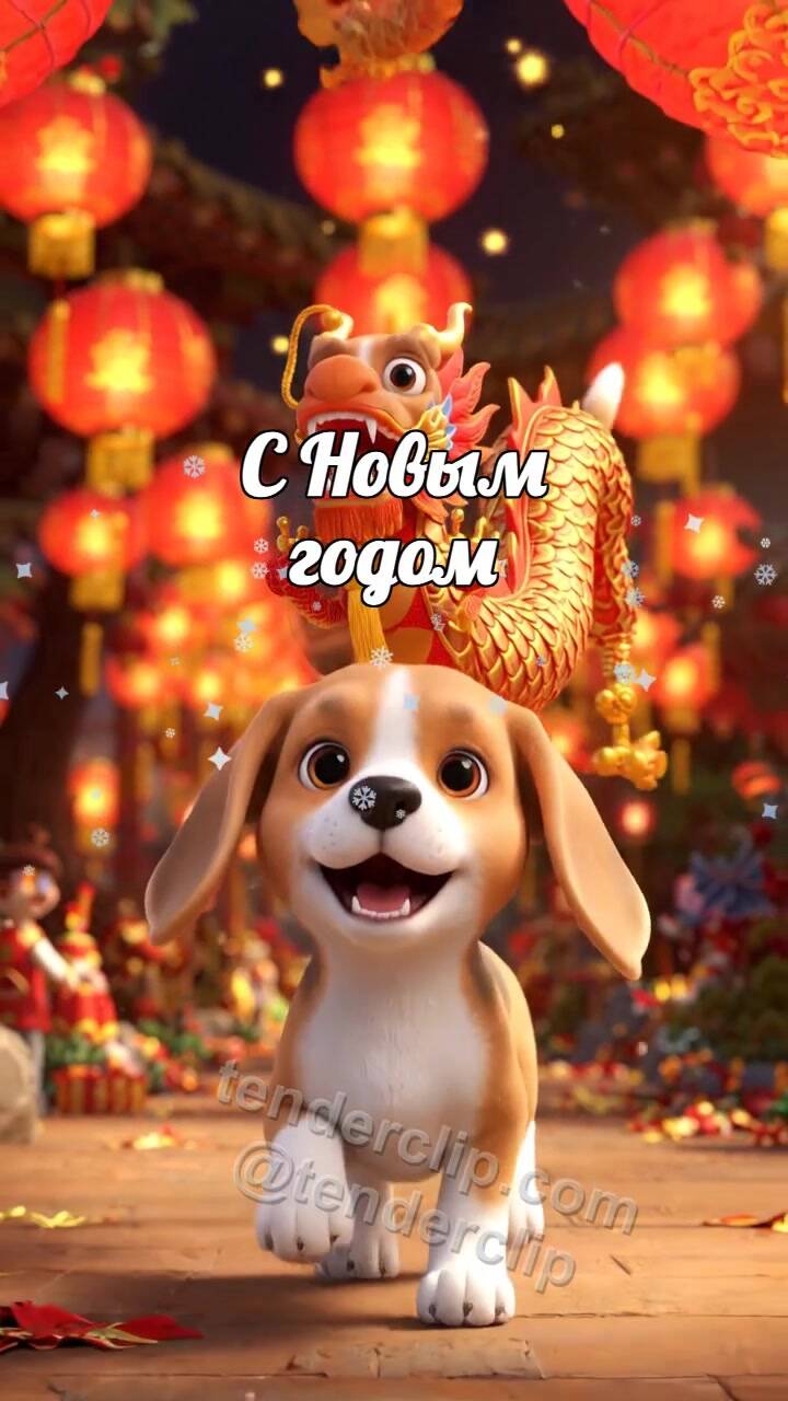 Анимационная открытка на тему С Новым годом: радостный щенок ведёт маленький парад