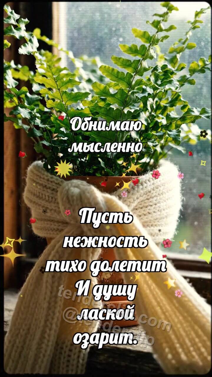 Анимационная открытка на тему Обнимаю мысленно: Шарф обнимает горшок