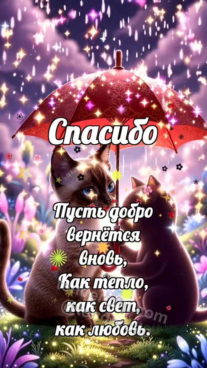 Анимационная открытка на тему Спасибо: Котёнок держит зонтик