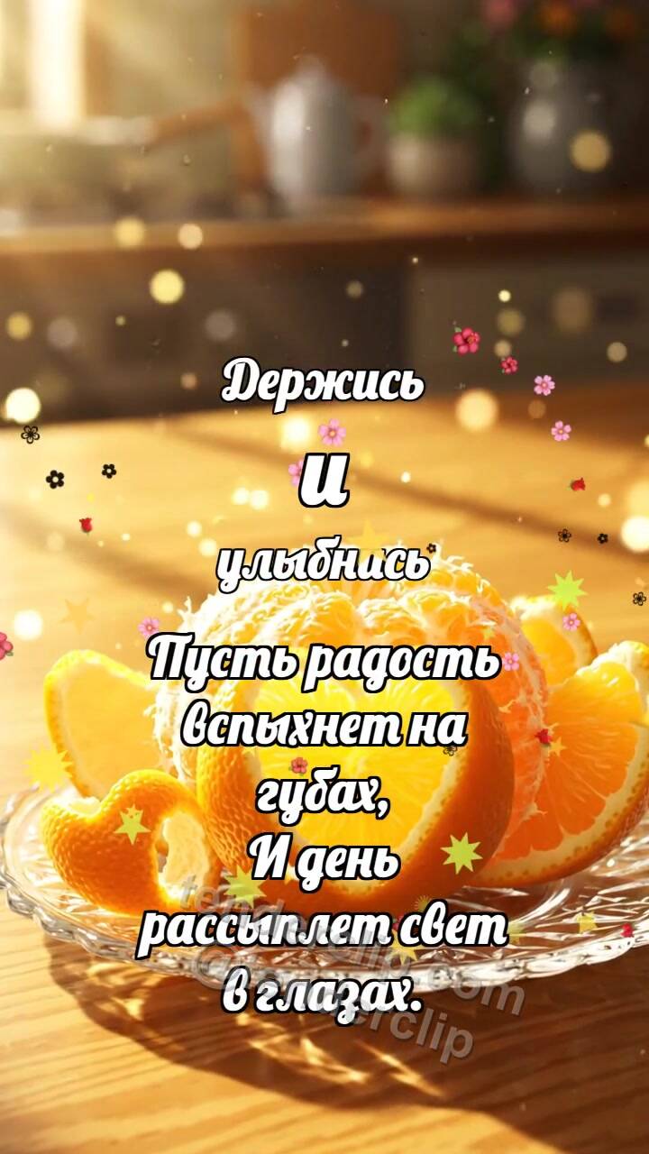 Анимационная открытка на тему Держись и улыбнись: Апельсин будит солнце