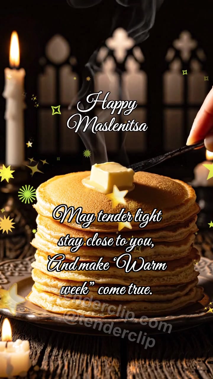 Animated greeting card about Happy Maslenitsa: Pancake Catches Butter