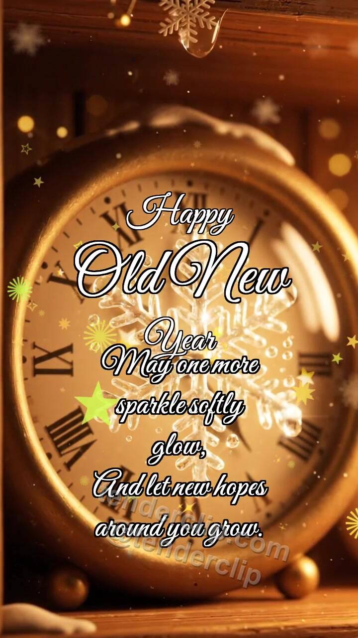 Animated greeting card about Happy Old New Year: Clock Warms Snowflake