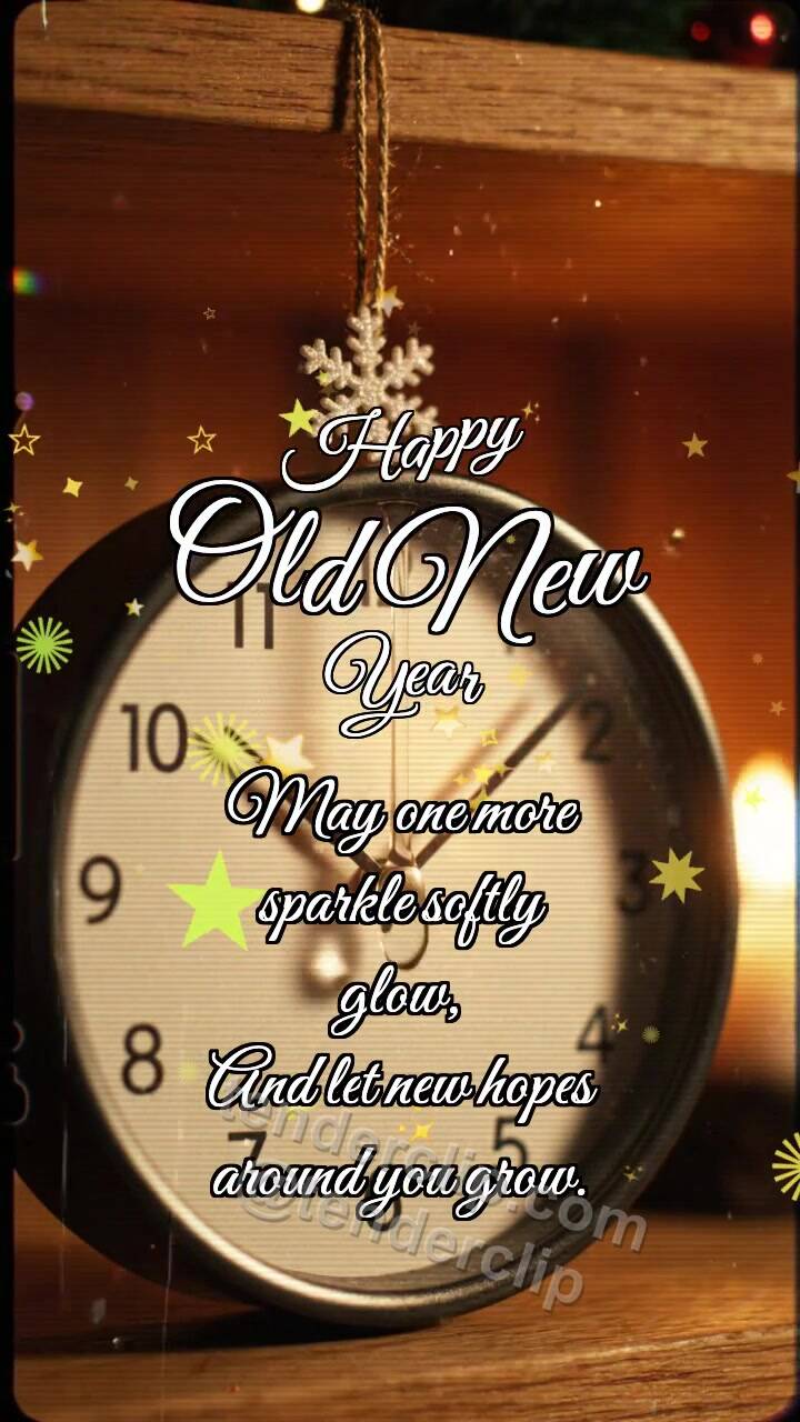 Animated greeting card about Happy Old New Year: Clock Warms Snowflake