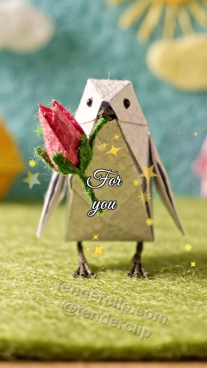 Animated greeting card about For you: origami bird brings a bud