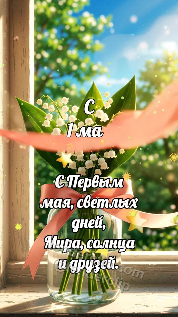 Анимационная открытка на тему С 1 мая: Ландыш качает ленту