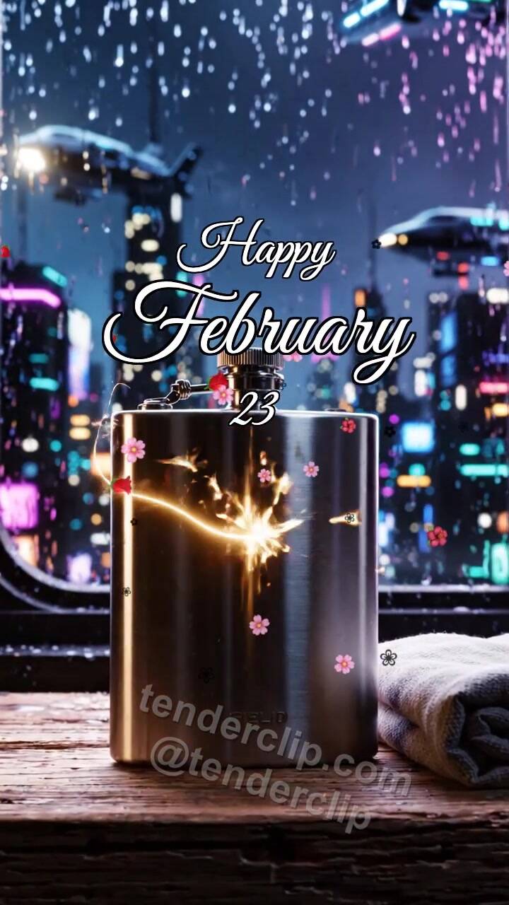 Animated greeting card about Happy February 23: Flask Catches Spark